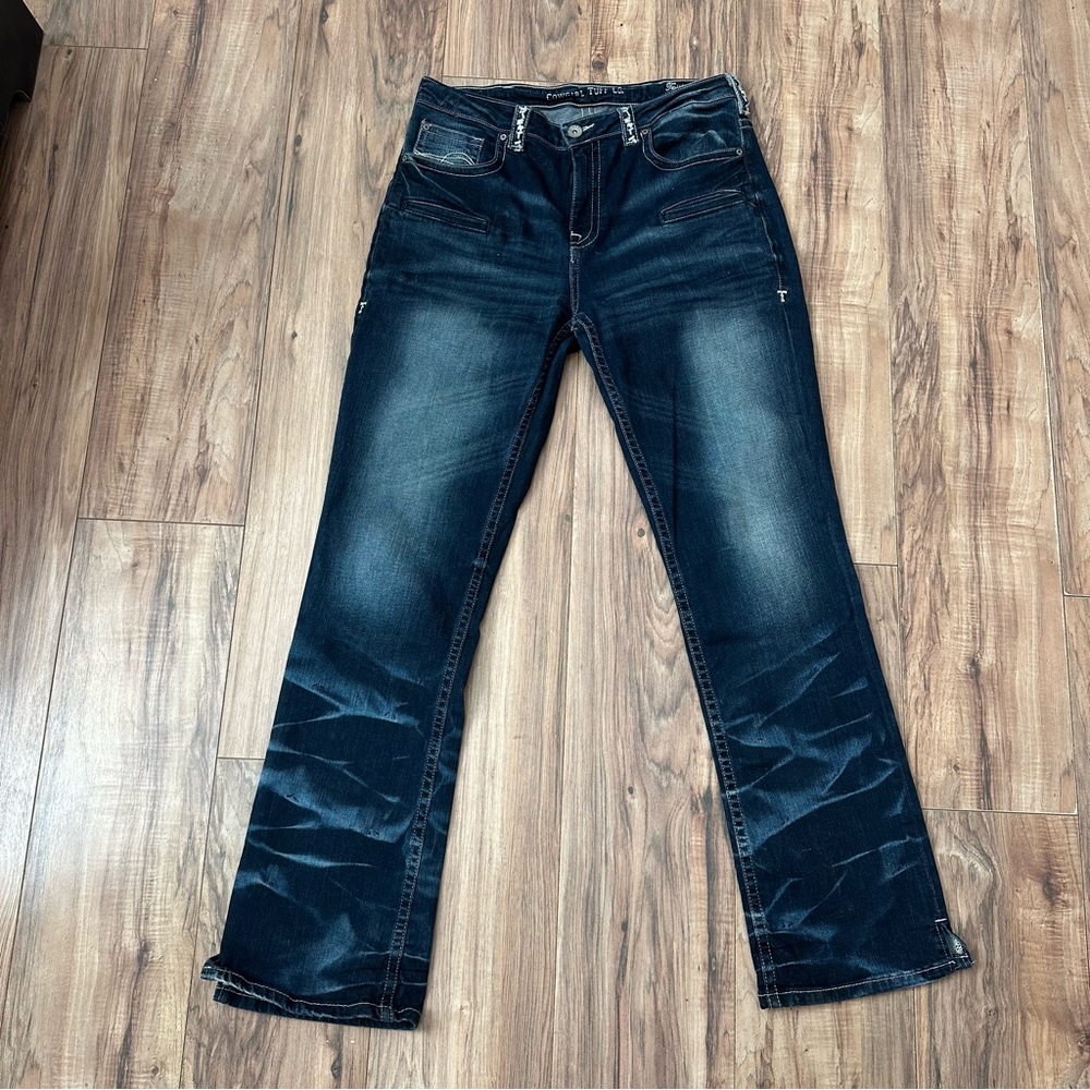 Like New Cowgirl Tuff Dark Blue Boot Cut Twisted Mustang Jeans Size: 33x34 - Picture 7 of 11